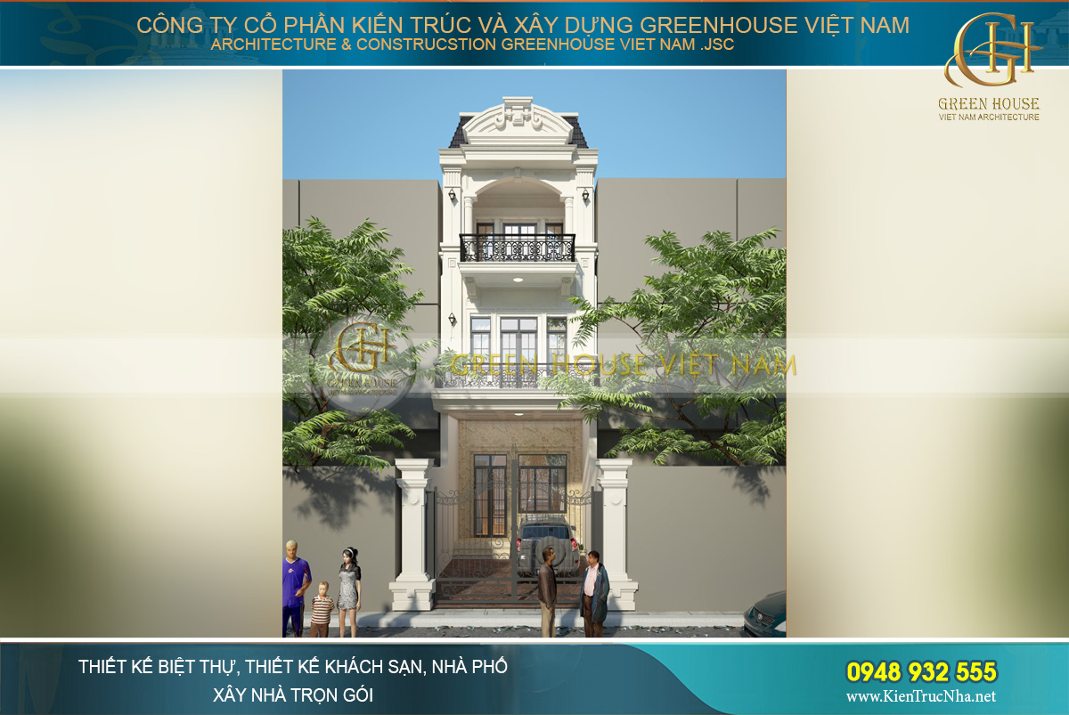 Phối cảnh mặt tiền của mẫu thiết kế nhà ống 3 tầng tân cổ điển tại Bắc Giang