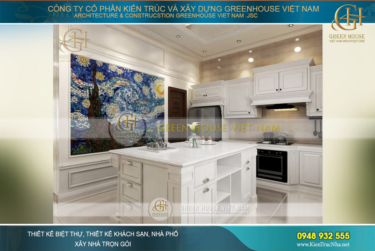 Bức tranh bằng gốm được lắp ghép lại tạo nên một cảm giác thú vị nơi phòng bếp 