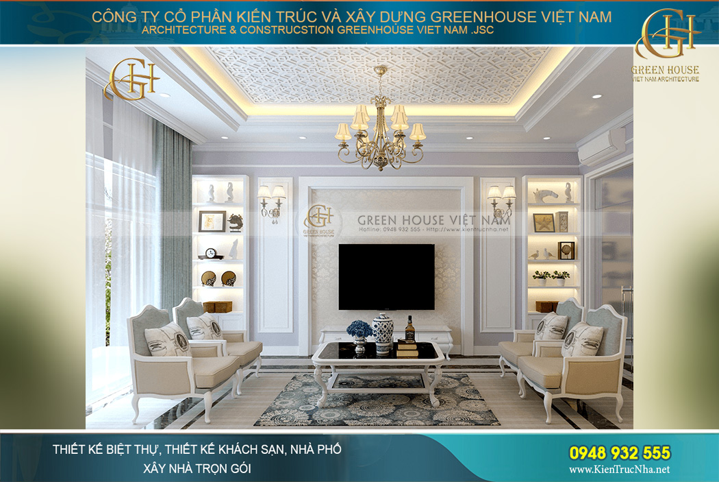Thiết kế nội thất phòng khách của biệt thự tân cổ điển sang trọng, tinh tế và thanh lịch