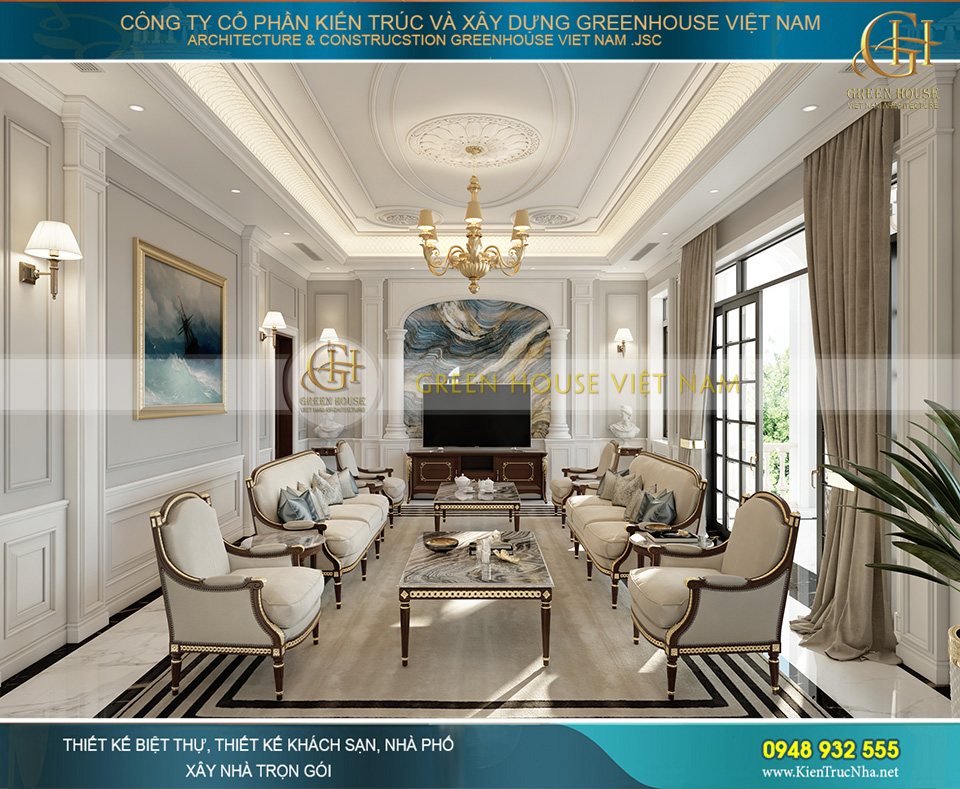 Bộ salon tách rời thành các ghế đơn cùng bàn nhỏ để rời tạo cảm giác thông thoáng cho phòng khách