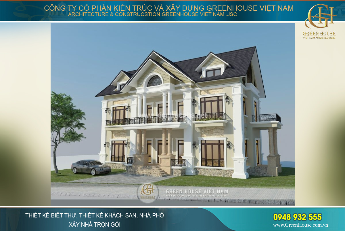 Thiết kế biệt thự tân cổ điển 3 tầng với hệ mái Thái duyên dáng, nổi bật