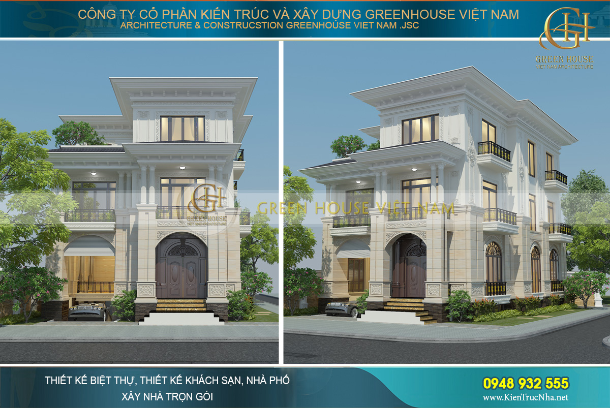 Phối cảnh mặt tiền của thiết kế biệt thự tân cổ điển 3 tầng mái bằng tại Hà Nội