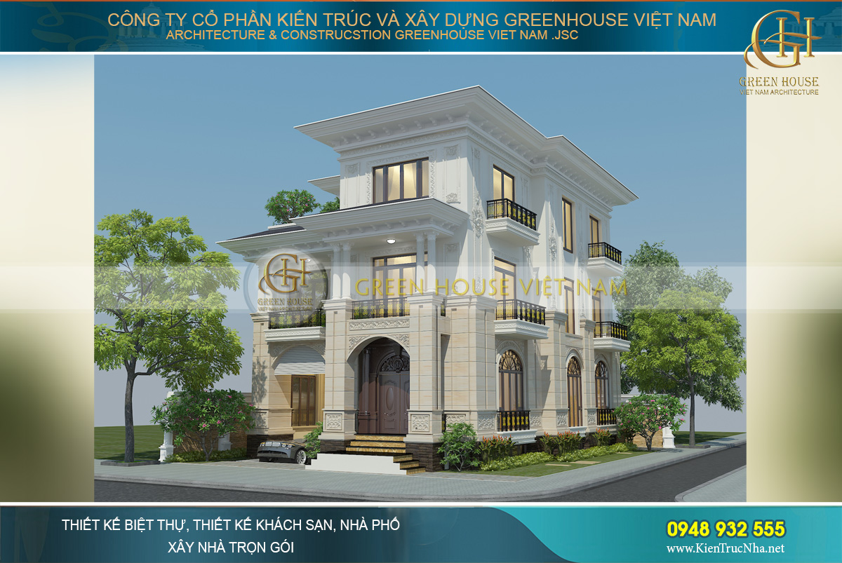 Mặt bên của biệt thự cũng rất được chú trọng với những vòm cửa cao hay ban công thanh lịch
