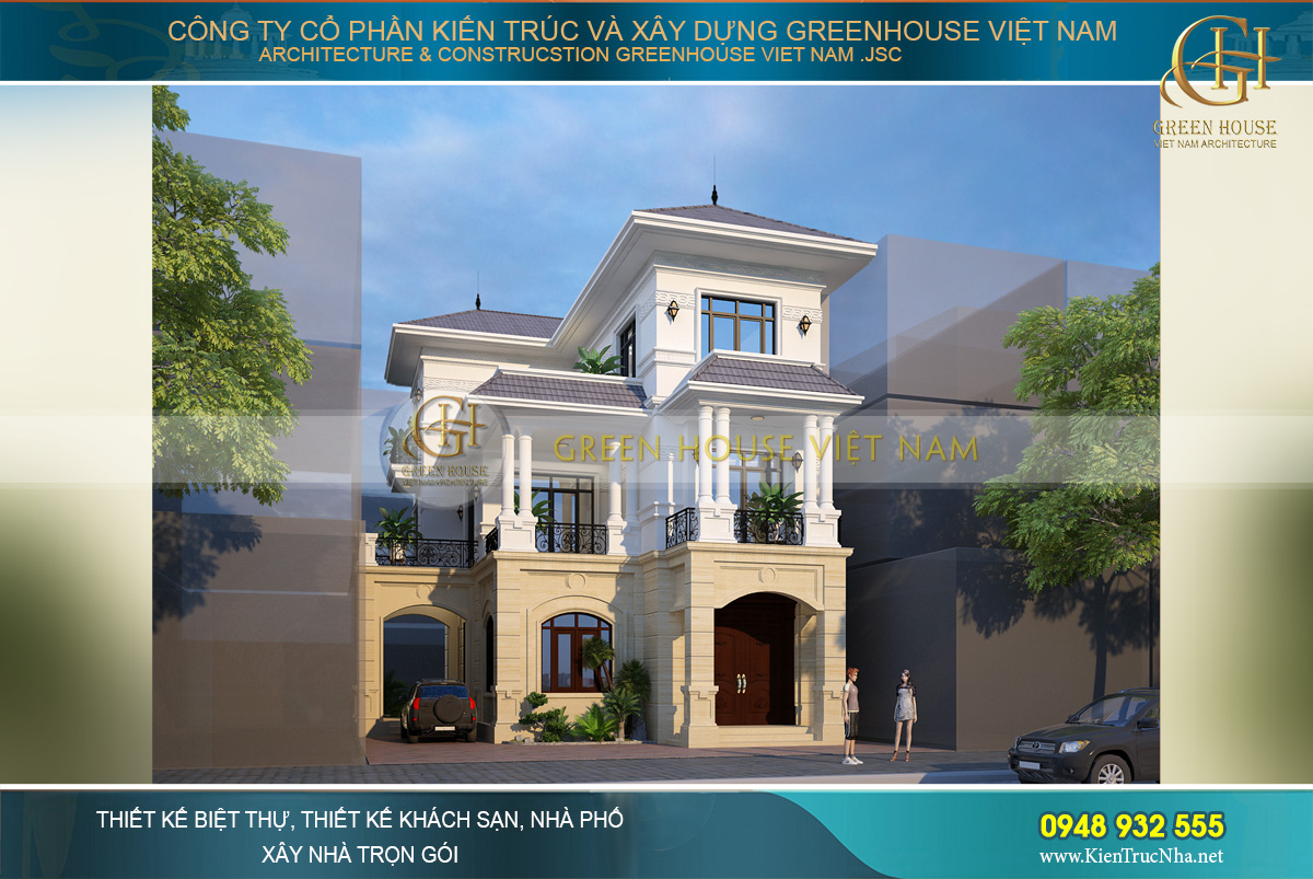 Phối cảnh mặt tiền của biệt thự phố tân cổ điển 3 tầng tại Hà Nội