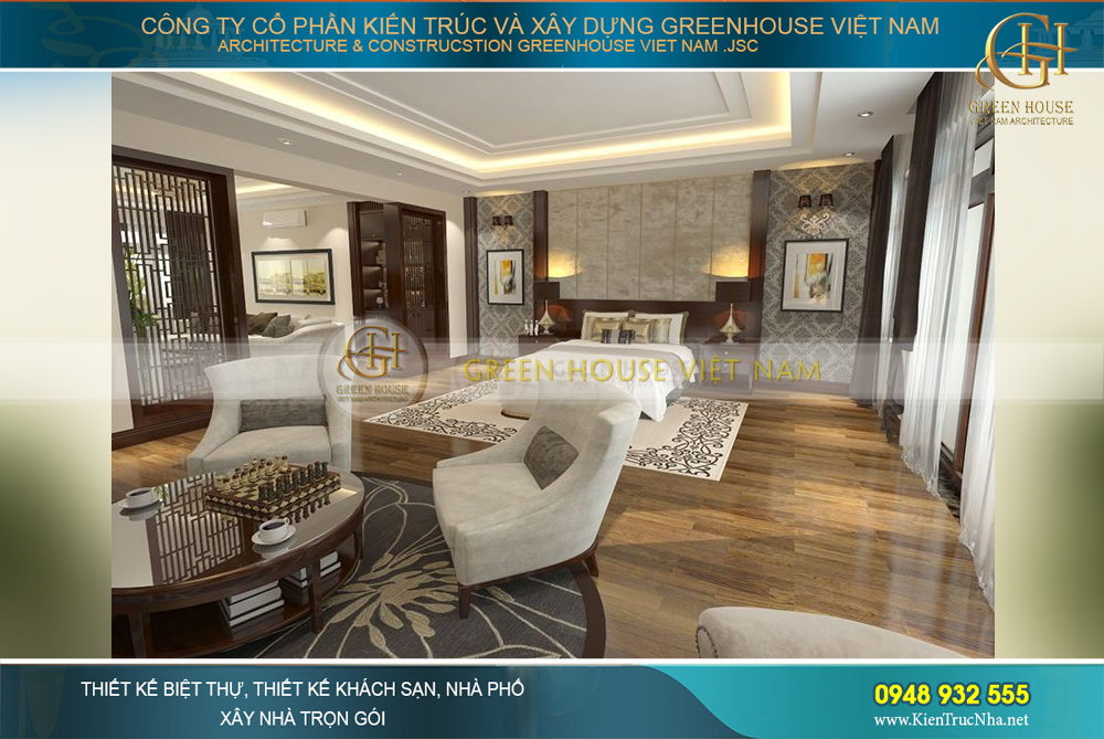 Mẫu thiết kế và bày trí nội thất phòng ngủ tiện nghi cho vợ chồng gia chủ tại tầng 2 biệt thự