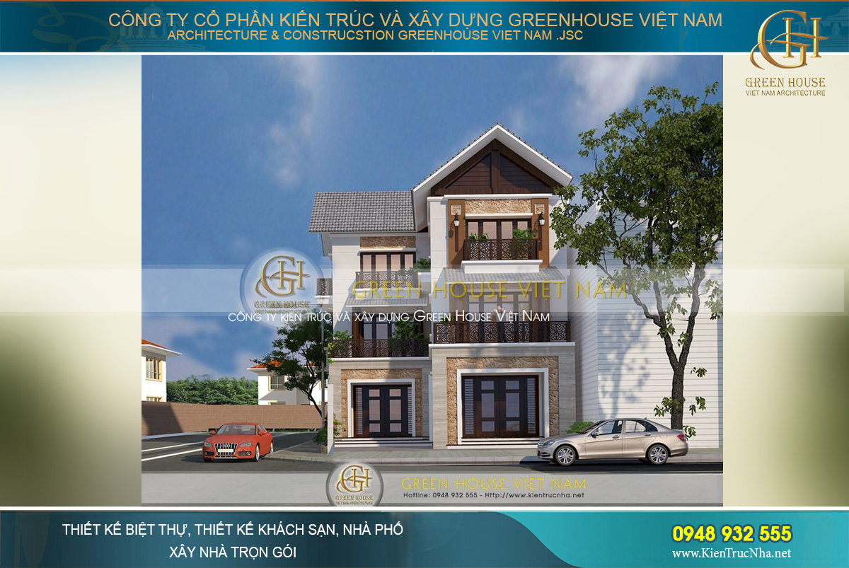Mặt tiền biệt thự 3 tầng hiện đại với những khung tường vuông vắn nhưng vẫn không mất đi nét đẹp dịu dàng, thanh thoát