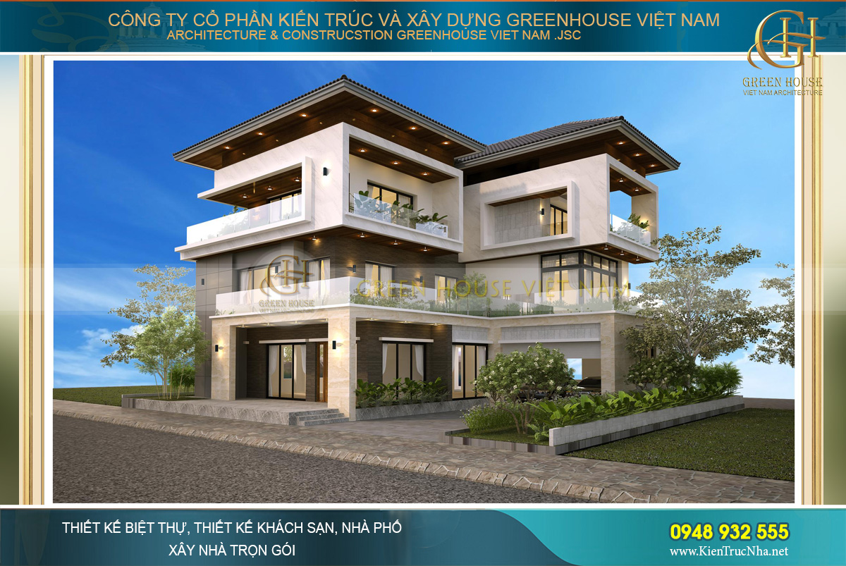 Tầng 1 của biệt thự hiện đại 3 tầng còn thiết kế gara để xe ô tô