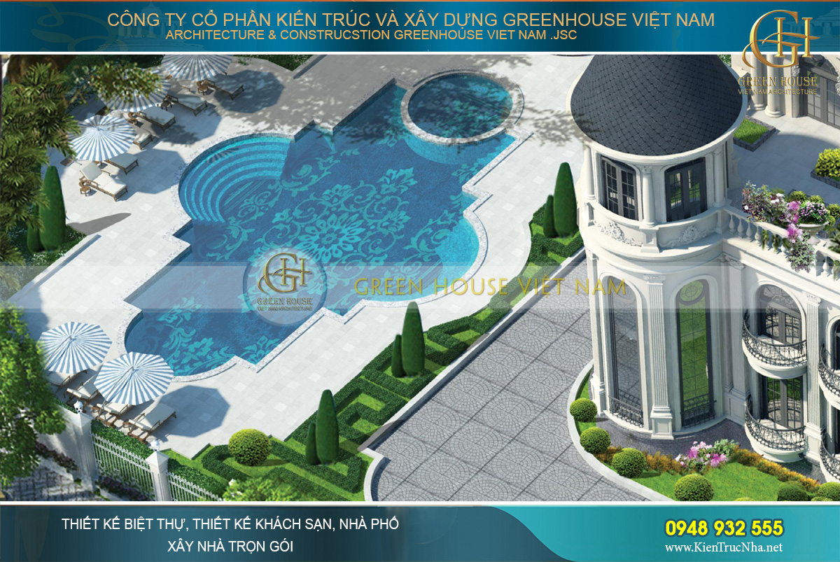 Bể bơi được thiết kế với hình dáng độc đáo cùng đá lát sàn màu xanh in hoa văn cổ điển đẹp hút mắt