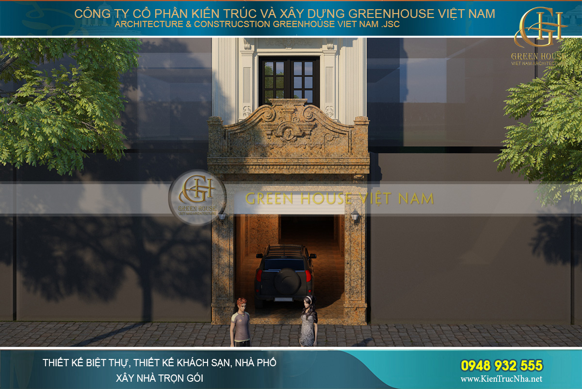 Thiết kế tầng 1 của nhà phố tân cổ điển với ánh vàng kim nổi bật và sang trọng
