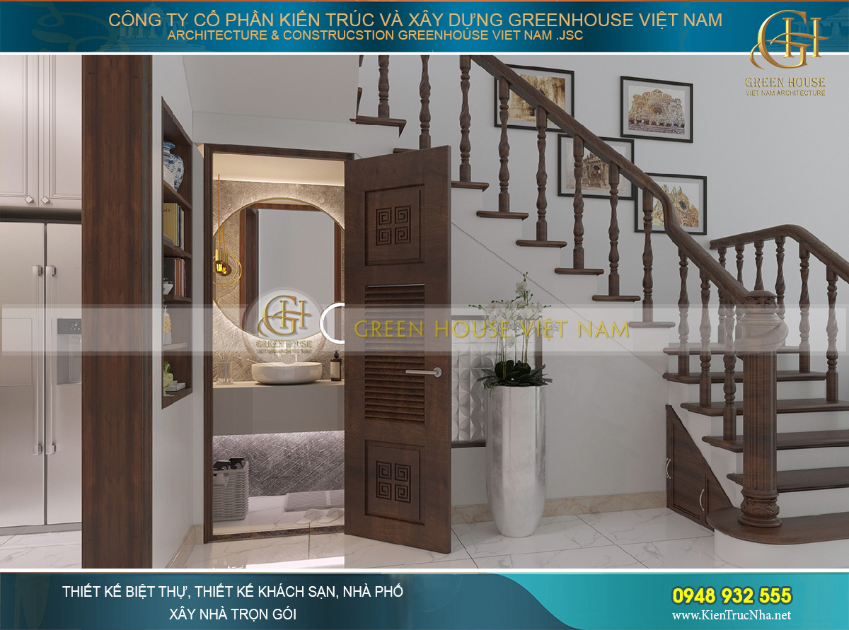 Khoảng trống dưới cầu thang được bố trí một phòng vệ sinh nhỏ, thiết kế sang trọng và hiện đại