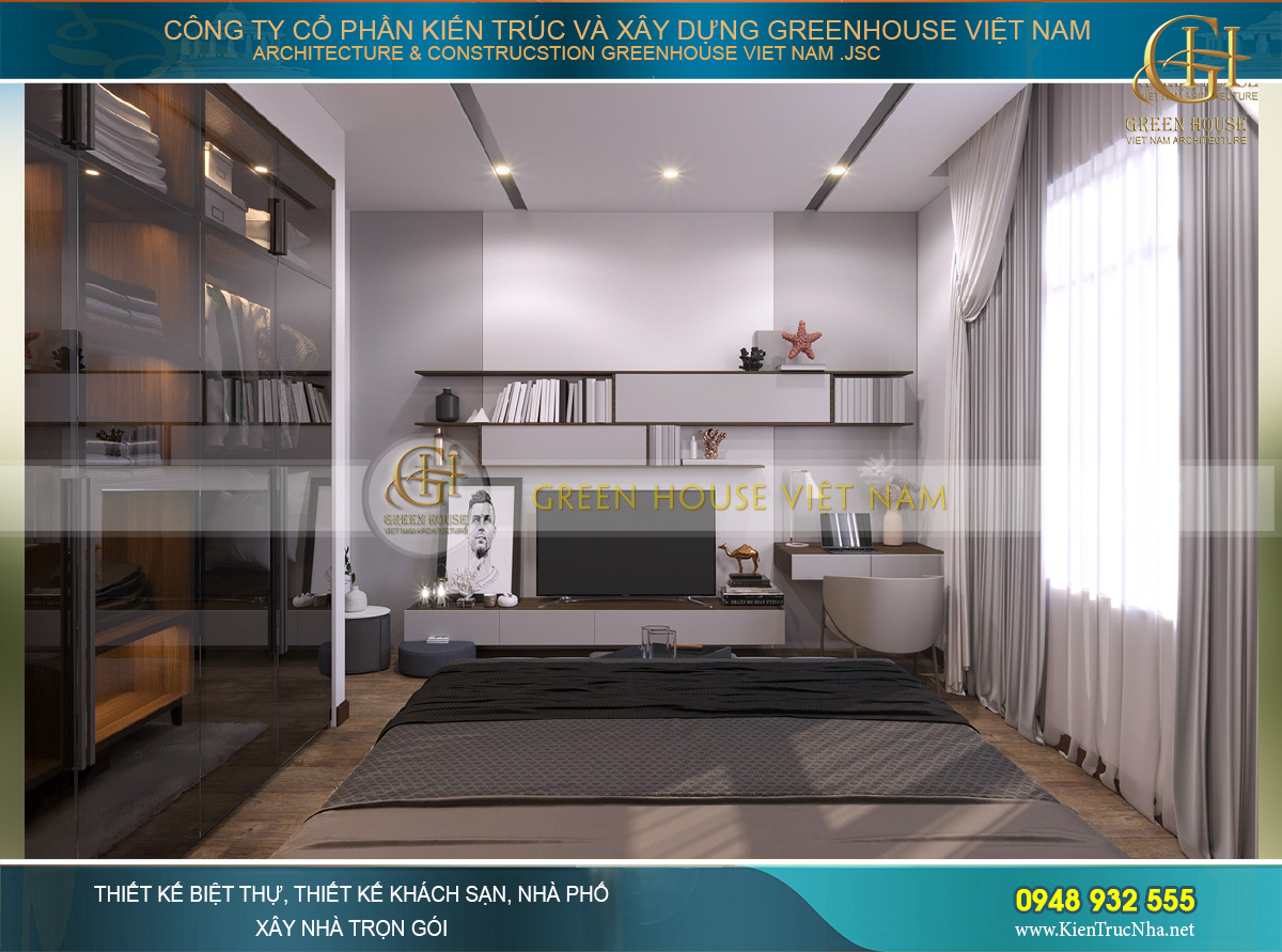 Thiết kế kệ TV kết hợp giá sách, bàn học cho ta biết đây là phòng ngủ của con gia chủ