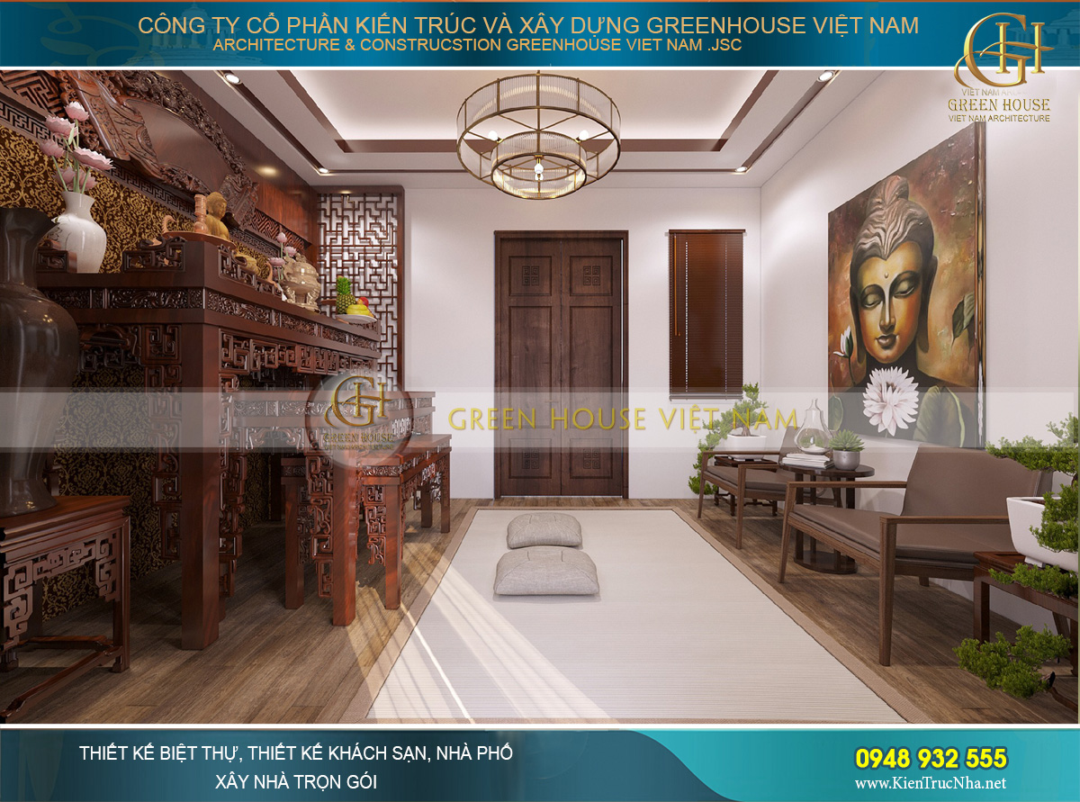 Thiết kế nội thất phòng thờ với chất liệu gỗ bề thế, vững chãi
