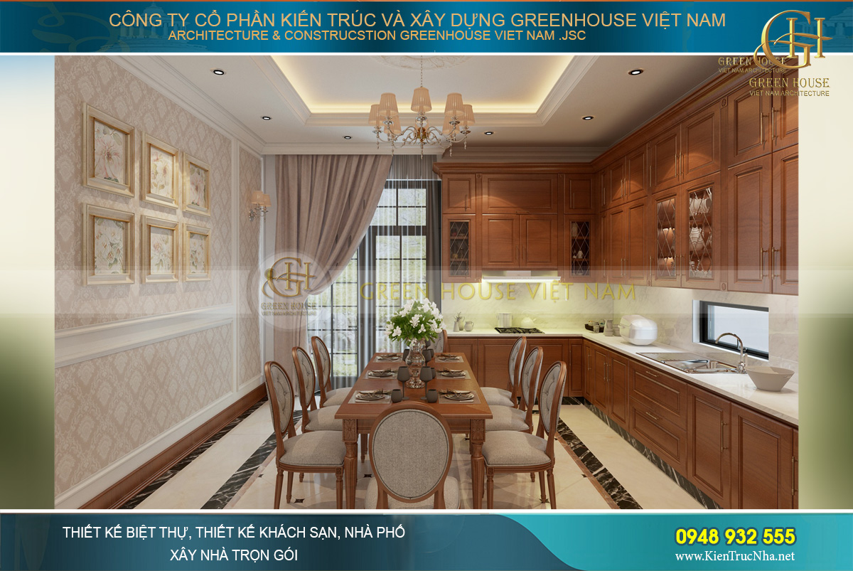 Thiết kế nội thất phòng ăn và phòng bếp của nhà phố 4 tầng tân cổ điển