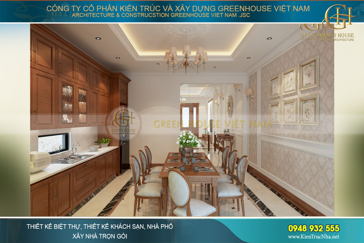 Khu vực kệ bếp được thiết kế sát trần với hình chữ L, tận dụng không gian tối đa nhất