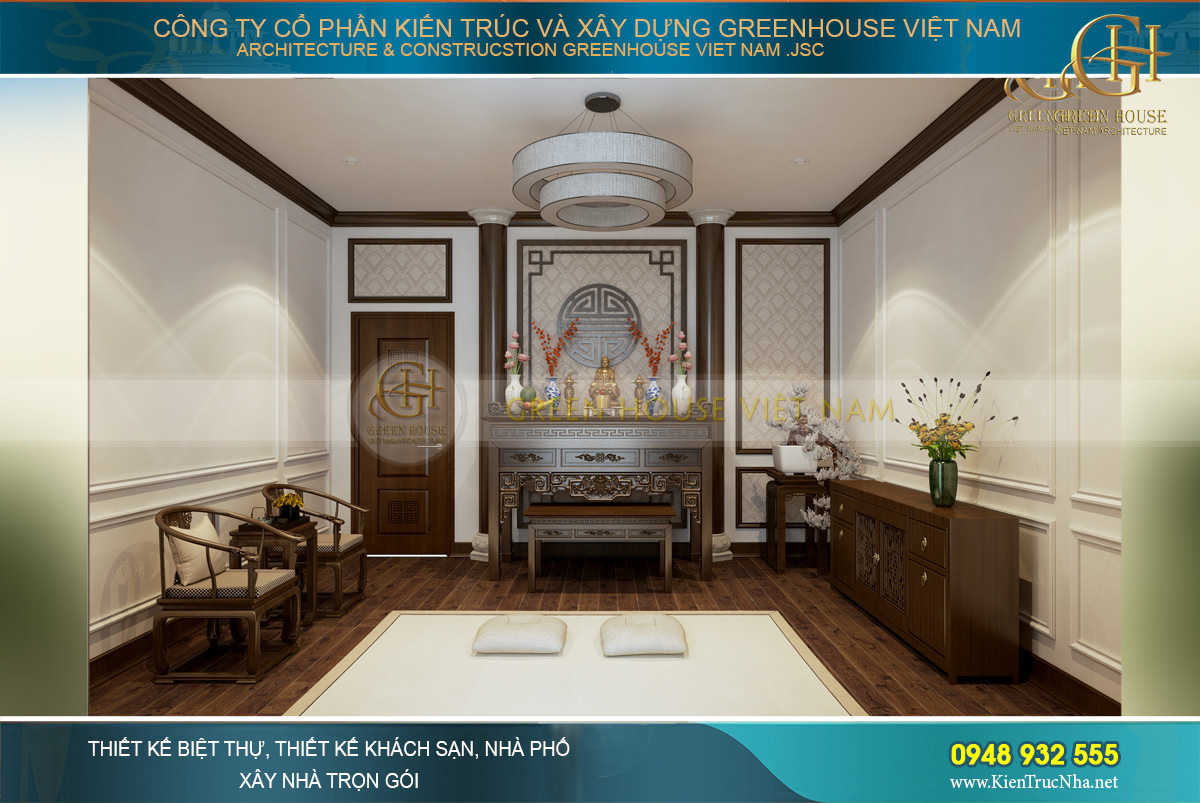 Phòng thờ được thiết kế đơn giản nhưng sang trọng và trang nghiêm