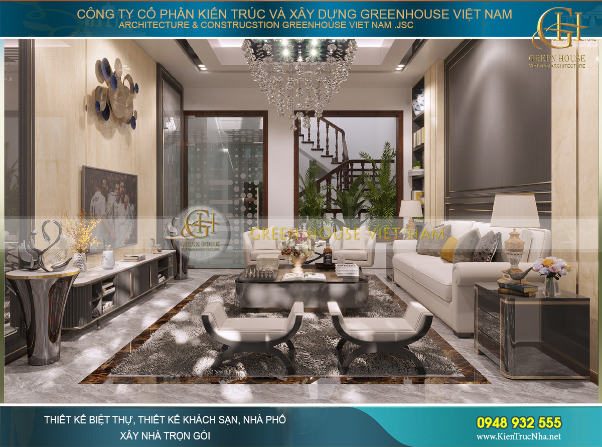 Để phụ trợ cho vẻ đẹp sáng bóng của kính và kim loại là hệ thống đèn chùm, đèn tường…