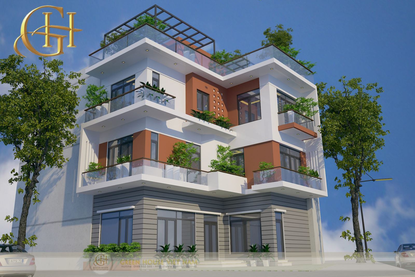 Thiết kế nhà phố hiện đại 3 tầng khang trang với không gian tiểu cảnh cây xanh ấn tượng tại ban công
