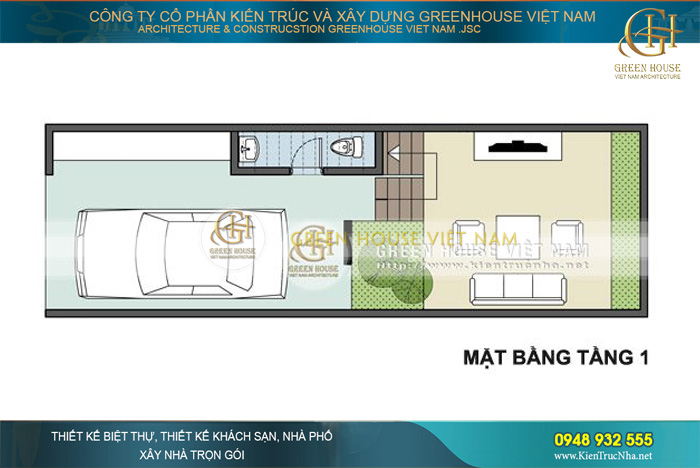 Diện tích 50m2 được phân chia cân đối, tạo thành khu vực phòng khách, gara xe tiện ích cho gia đình
