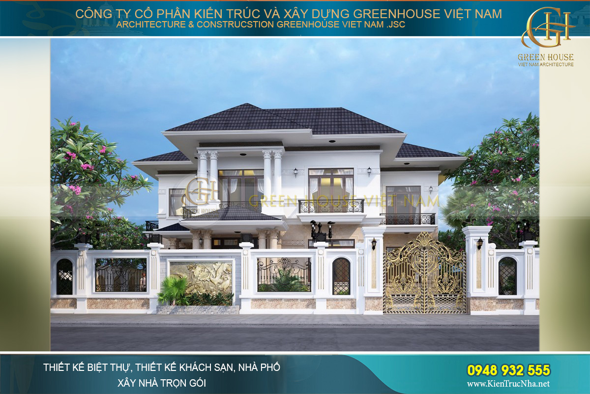 Phối cảnh mặt tiền của biệt thự tân cổ điển 2 tầng 