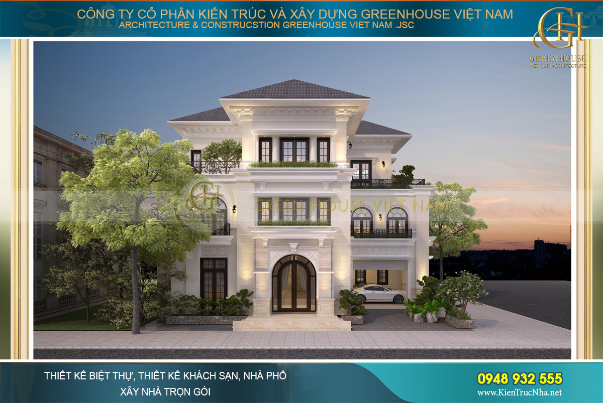 Sử dụng hệ thống mái thái là phong cách quen thuộc của biệt thự tân cổ điển