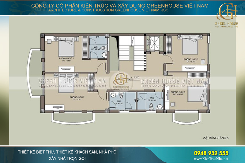 Bản vẽ mặt bằng 3D thể hiện được sự bố trí nội thất đầy đủ của không gian phòng ngủ