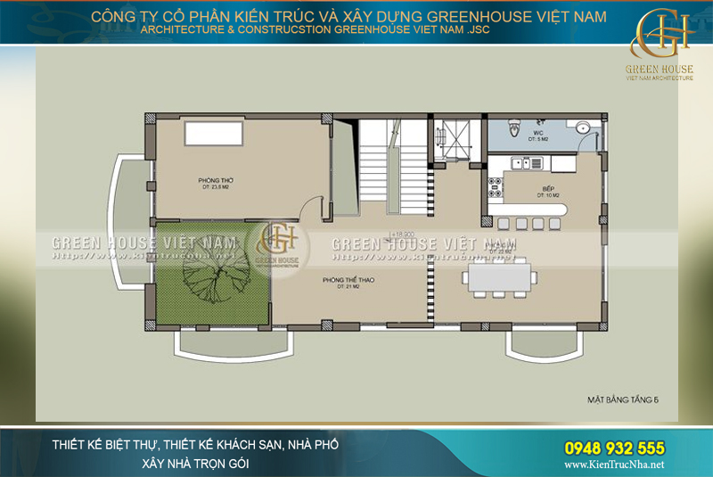 Phòng bếp và phòng ăn được đặt cạnh tại không gian phòng thể thao theo ý muốn sử dụng không gian sinh hoạt của gia đình
