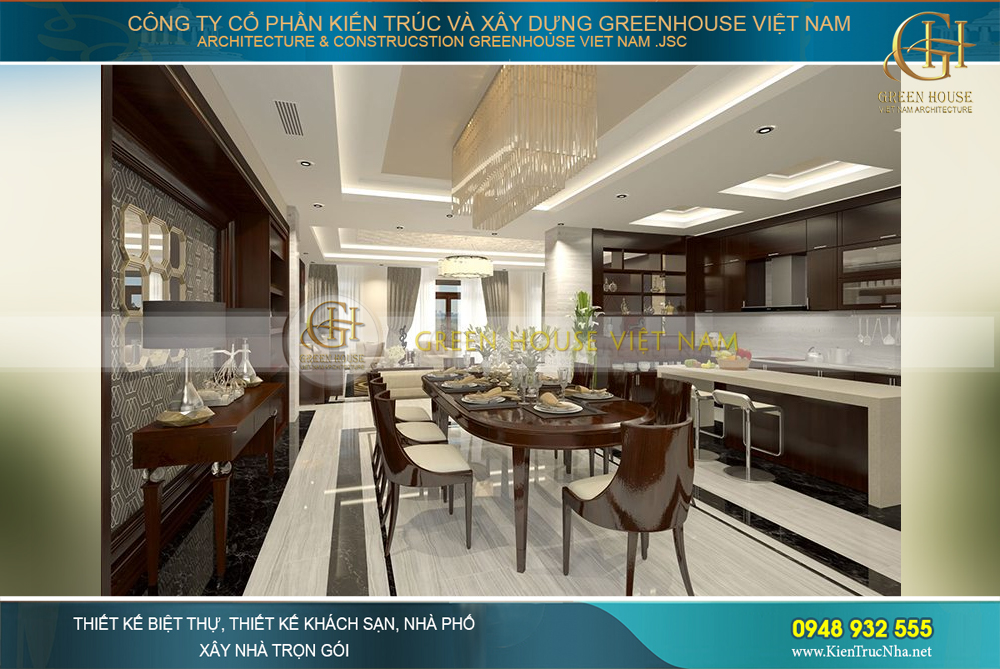 Phòng ăn và bếp của biệt thự được bố trí liền kề với phòng khách rất khoa học, hợp phong thủy