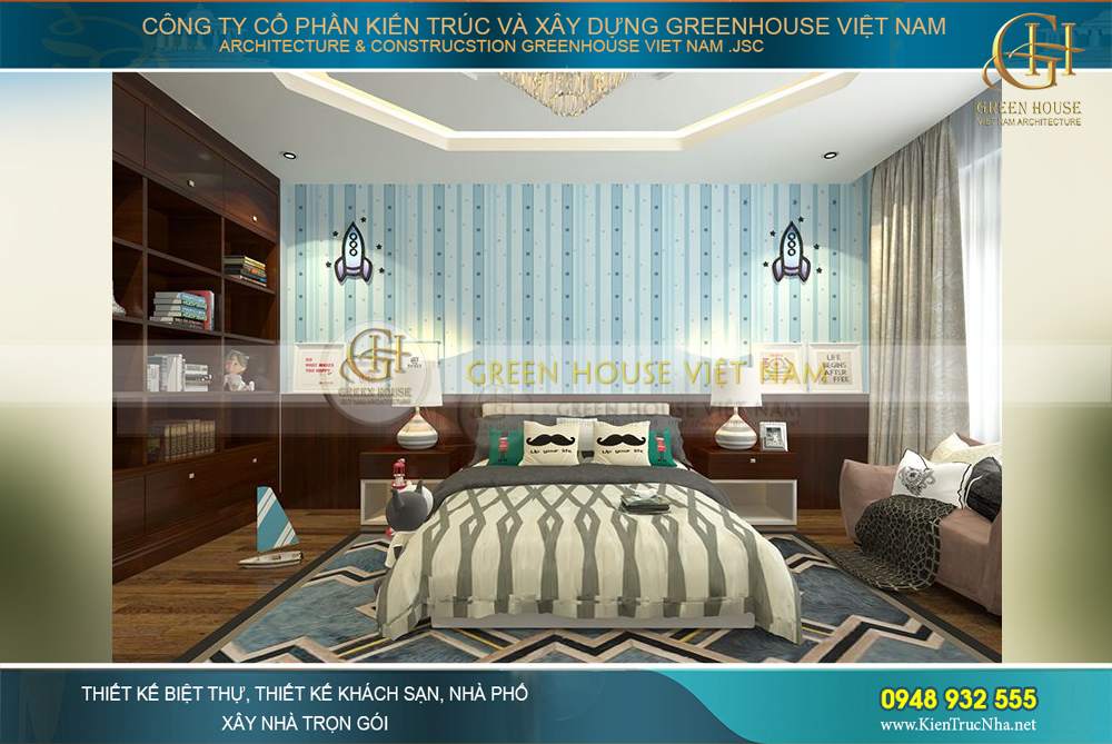 Căn phòng ngủ dành cho bé trai với góc học tập, giường ngủ sắp xếp khoa học, rộng rãi
