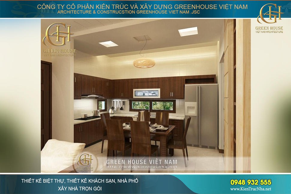 Ở vị trí phía trong tầng 1, căn phòng ăn này toát lên sự ấm cúng, ngăn nắp và đáp ứng mọi công năng sinh hoạt thường ngày