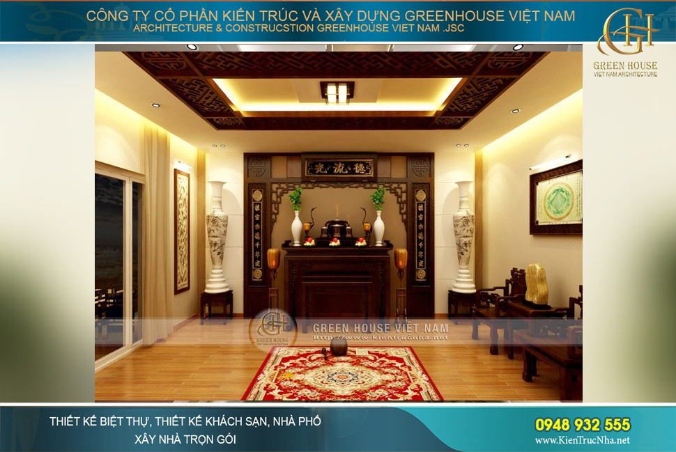 Không gian nội thất phòng thờ tôn nghiêm tại tầng 3 của biệt thự hiện đại sở hữu mặt tiền 10m đẹp