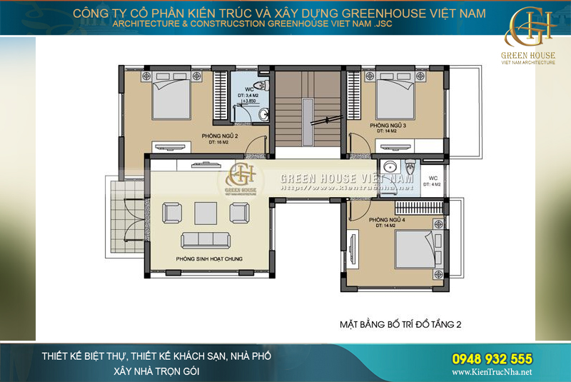 Chi tiết bản vẽ mặt bằng công năng tầng 2 của biệt thự dành cho 3 phòng ngủ, 1 phòng sinh hoạt chung có diện tích sử dụng hợp lý