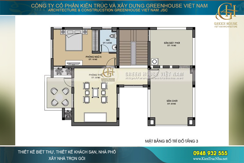 Với cách bố trí công năng sử dụng tại tầng 3 hợp phong thủy này chủ nhân vô cùng ưng ý với quan điểm KTS Green House Việt Nam đưa ra