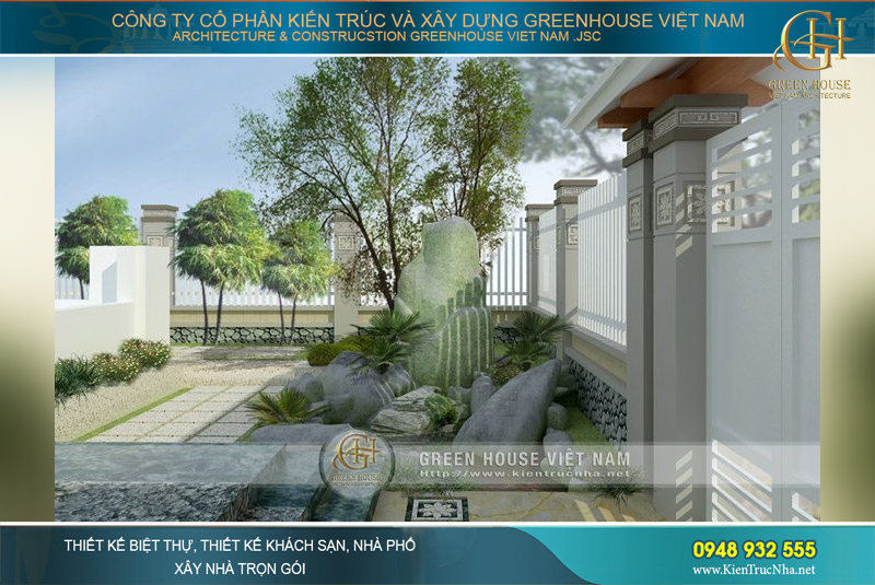 Green House Việt Nam sử dụng nguyên liệu là các khối đá lớn đã được tạo hình để kiến tạo tiểu cảnh tự nhiên trong sân vườn