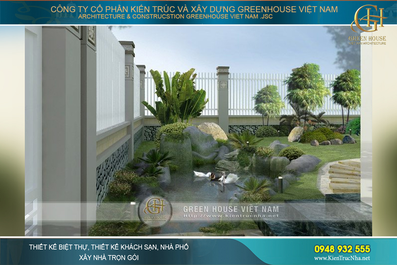Không gian tiểu cảnh với đá và cỏ cùng với không gian hồ nước tạo nên nét phong thủy tốt cho gia chủ ngôi biệt thự tân cổ điển
