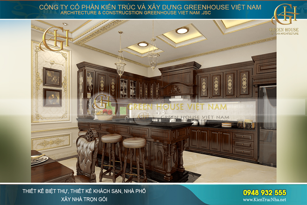 Không gian tiện nghi của phòng bếp với thiết kế kệ tủ gỗ cao cấp