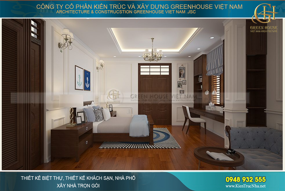 Không gian ấm cúng và nội thất sang trọng của phòng ngủ biệt thự 4 tầng