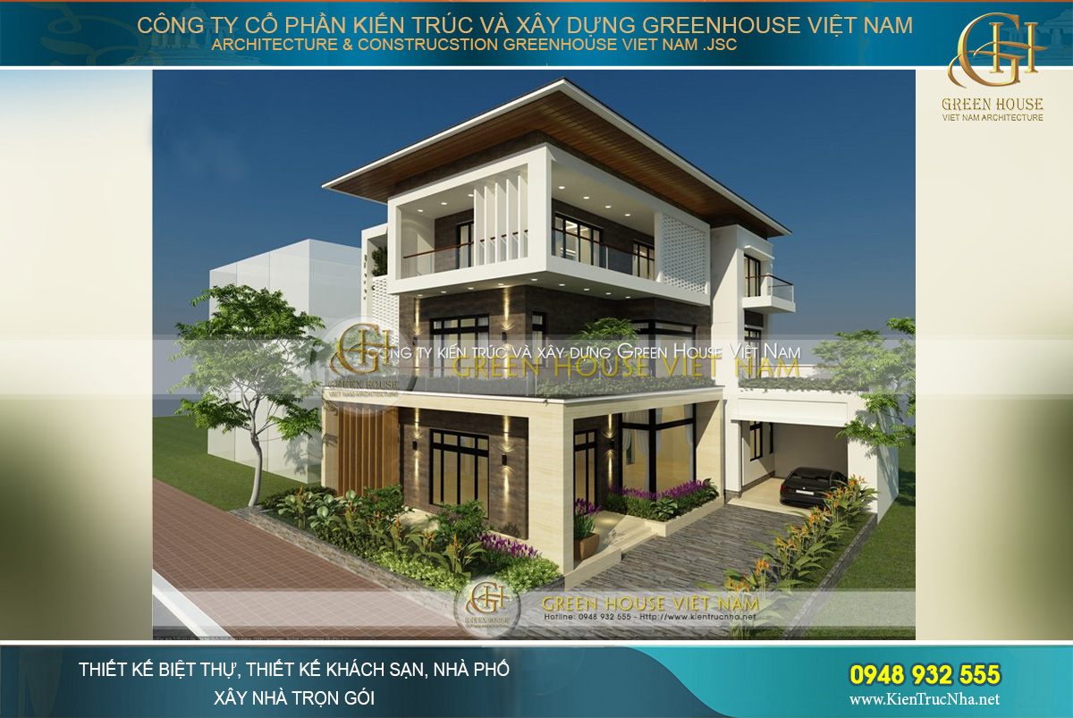 thiết kế biệt thự hiện đại 3 tầng mái thái đẹp