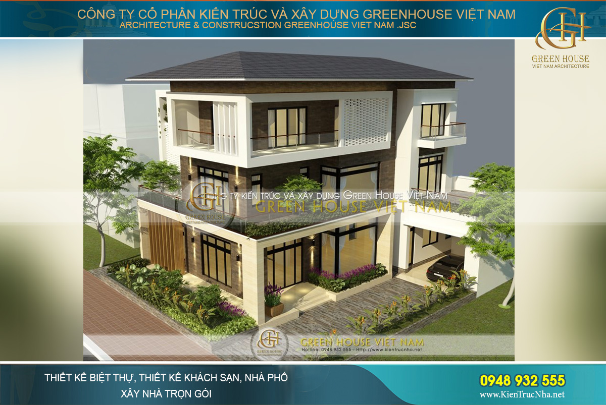 thiết kế biệt thự hiện đại 3 tầng mái thái đẹp