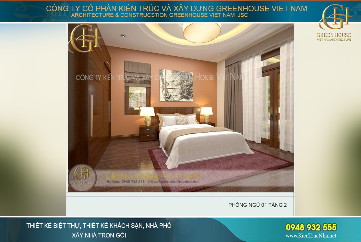 Phòng khách được thiết kế nội thất sang trọng với những chi tiết tinh xảo bắt mắt. Bộ bàn ghế tiếp khách rộng lớn được làm hoàn toàn bằng gỗ tự nhiên nguyên khối, đơn giản nhưng đẳng cấp. Chi tiết vách ti vi, kệ tủ, ốp trần đồng bộ, tạo nên một không gian hoàn hảo.