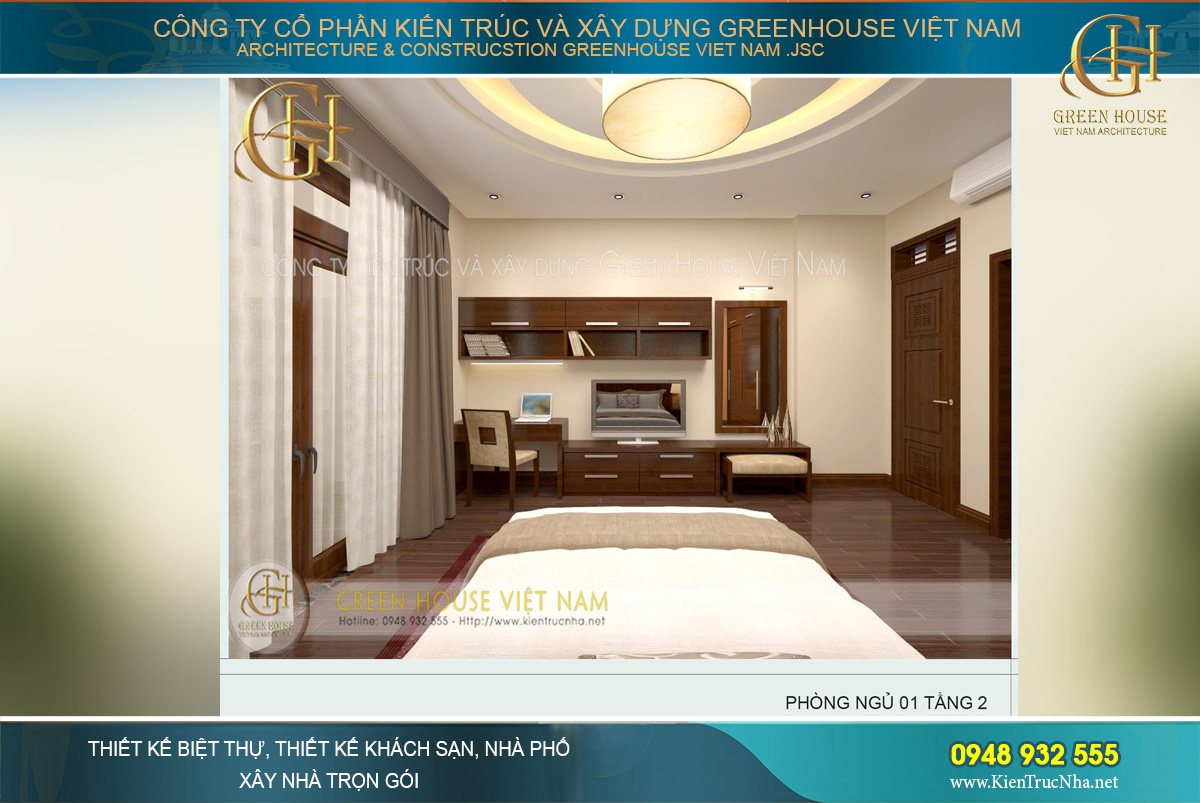 Phòng khách được thiết kế nội thất sang trọng với những chi tiết tinh xảo bắt mắt. Bộ bàn ghế tiếp khách rộng lớn được làm hoàn toàn bằng gỗ tự nhiên nguyên khối, đơn giản nhưng đẳng cấp. Chi tiết vách ti vi, kệ tủ, ốp trần đồng bộ, tạo nên một không gian hoàn hảo.