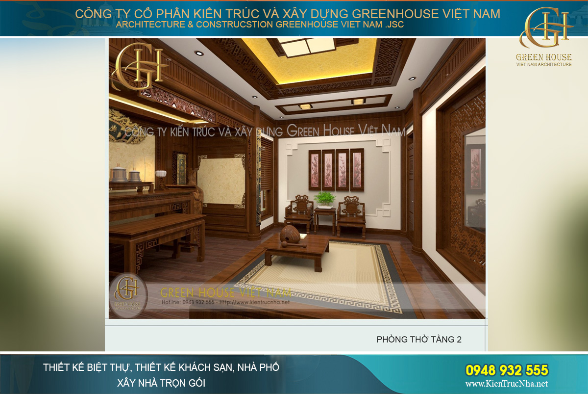 Phòng khách được thiết kế nội thất sang trọng với những chi tiết tinh xảo bắt mắt. Bộ bàn ghế tiếp khách rộng lớn được làm hoàn toàn bằng gỗ tự nhiên nguyên khối, đơn giản nhưng đẳng cấp. Chi tiết vách ti vi, kệ tủ, ốp trần đồng bộ, tạo nên một không gian hoàn hảo.