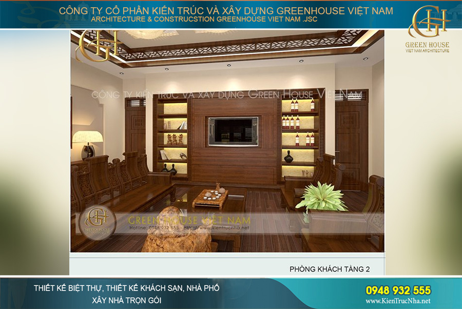 Phòng khách được thiết kế nội thất sang trọng với những chi tiết tinh xảo bắt mắt. Bộ bàn ghế tiếp khách rộng lớn được làm hoàn toàn bằng gỗ tự nhiên nguyên khối, đơn giản nhưng đẳng cấp. Chi tiết vách ti vi, kệ tủ, ốp trần đồng bộ, tạo nên một không gian hoàn hảo.
