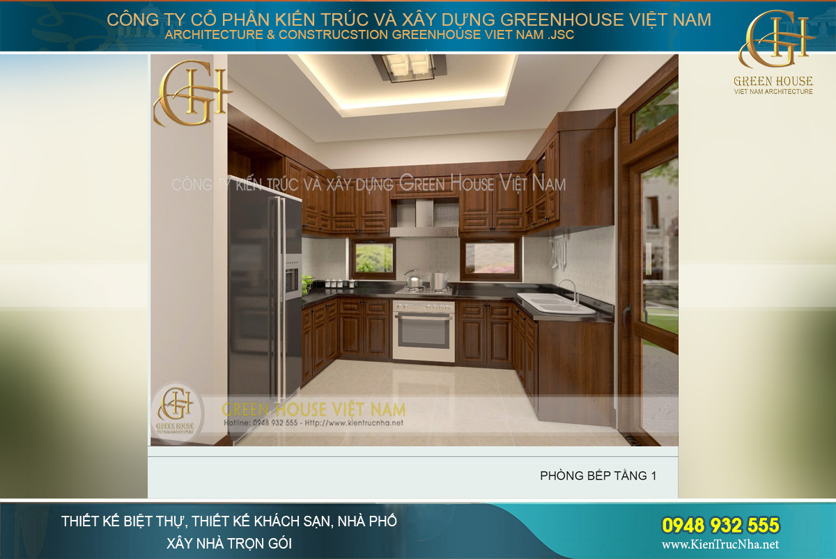 Phòng khách được thiết kế nội thất sang trọng với những chi tiết tinh xảo bắt mắt. Bộ bàn ghế tiếp khách rộng lớn được làm hoàn toàn bằng gỗ tự nhiên nguyên khối, đơn giản nhưng đẳng cấp. Chi tiết vách ti vi, kệ tủ, ốp trần đồng bộ, tạo nên một không gian hoàn hảo.