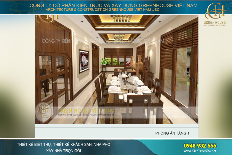 Phòng khách được thiết kế nội thất sang trọng với những chi tiết tinh xảo bắt mắt. Bộ bàn ghế tiếp khách rộng lớn được làm hoàn toàn bằng gỗ tự nhiên nguyên khối, đơn giản nhưng đẳng cấp. Chi tiết vách ti vi, kệ tủ, ốp trần đồng bộ, tạo nên một không gian hoàn hảo.