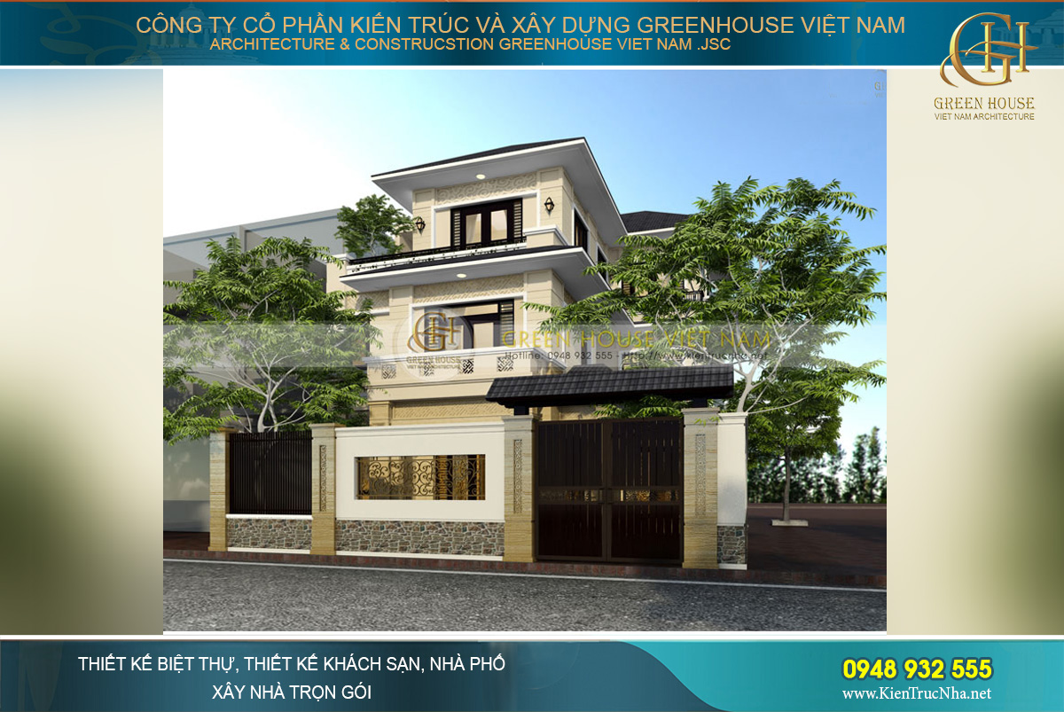 thiết kế biệt thự hiện đại 3 tầng hình chữ L