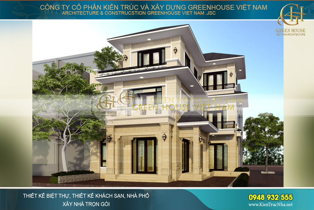 thiết kế biệt thự hiện đại 3 tầng hình chữ L