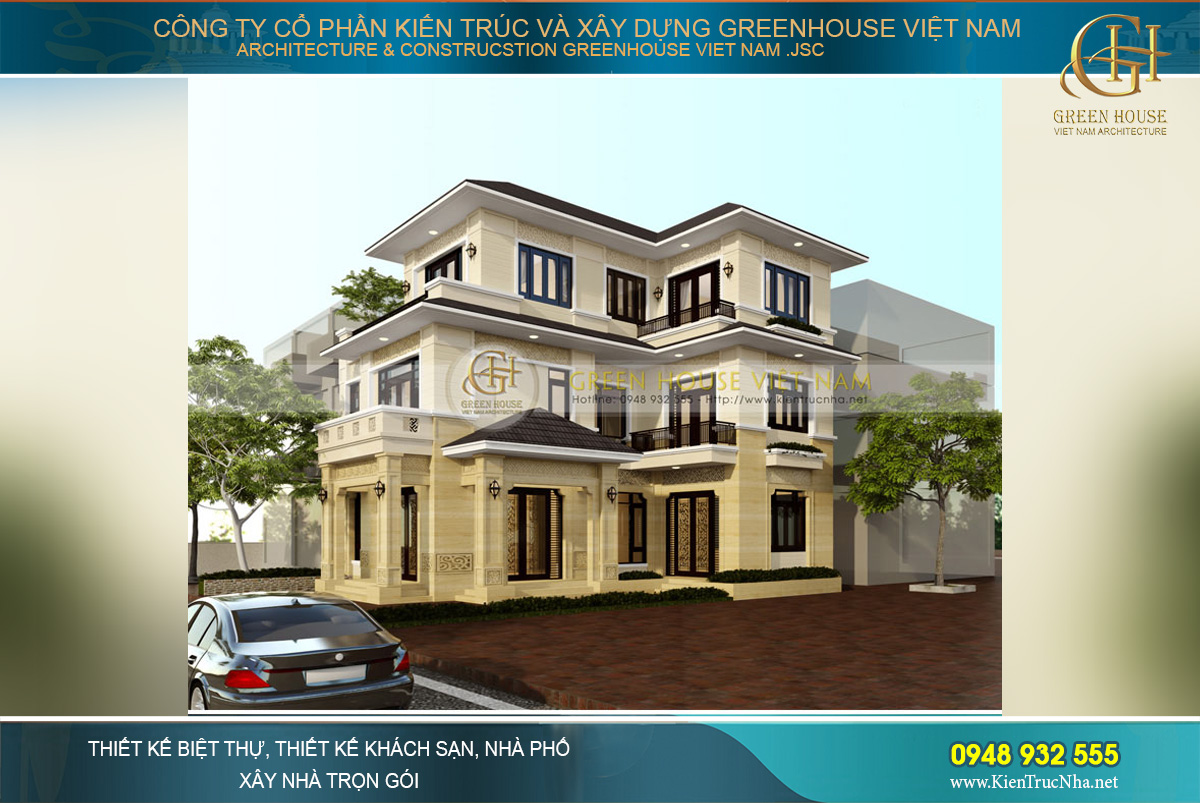 thiết kế biệt thự hiện đại 3 tầng hình chữ L