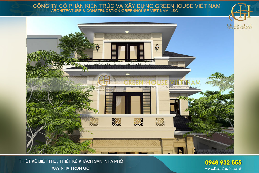 thiết kế biệt thự hiện đại 3 tầng hình chữ L