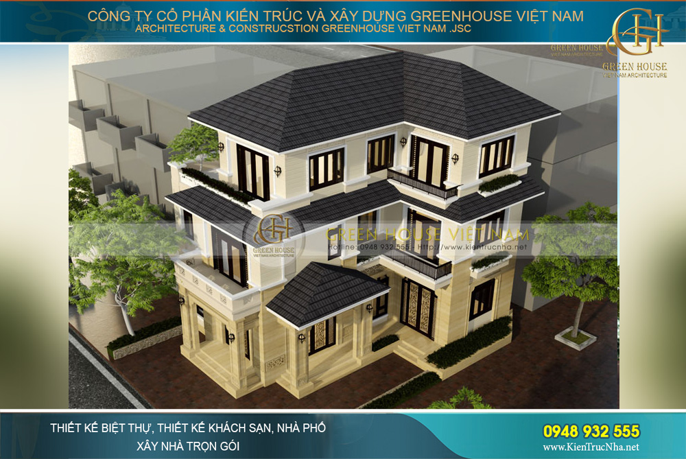 thiết kế biệt thự hiện đại 3 tầng hình chữ L