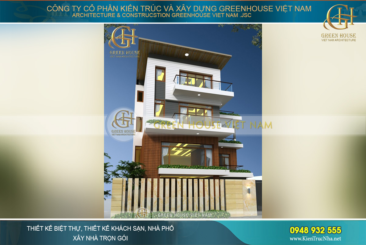 thiết kế biệt thự 4 tầng hiện đại hình chữ L